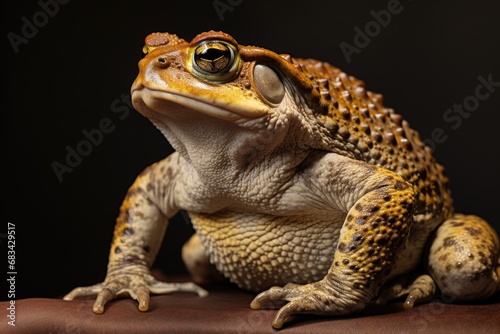 A picture of a toad sitting on top of a brown cloth. This image can be used to depict nature, wildlife, or as an illustration for articles or blogs about amphibians