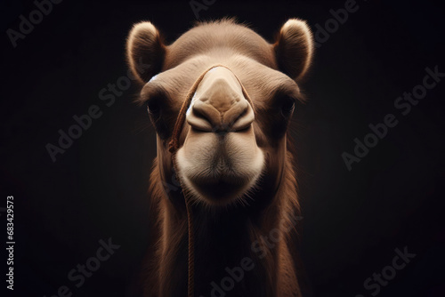 portrait of a camel isolated on black background with copy space. ai generative © Igor