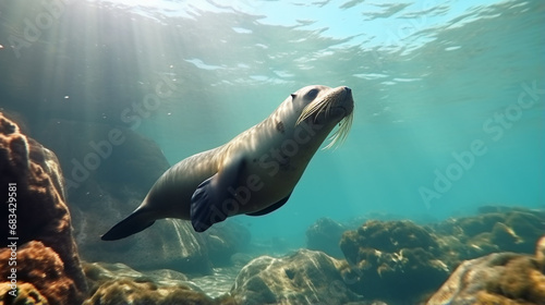 Californian sea lion  Zalophus californianus  swimming and playing in the reefs. generative ai