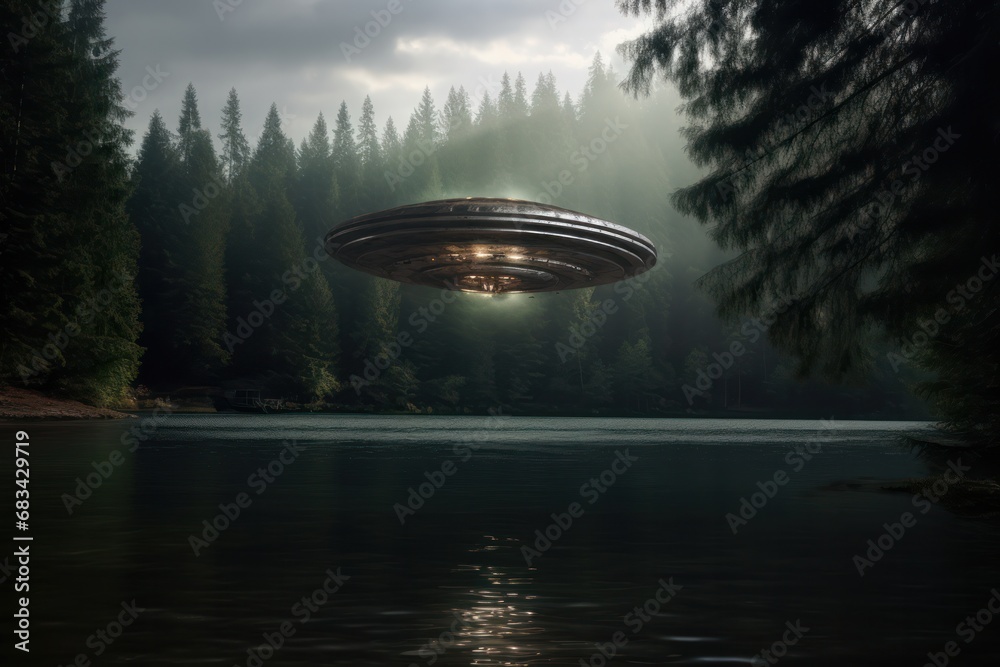 an alien ship floating on a lake in forest photograph, photography, professional quality --ar 3:2 --v 5.2 Job ID: 8c828207-0ef8-4266-a04c-294cb08cec42