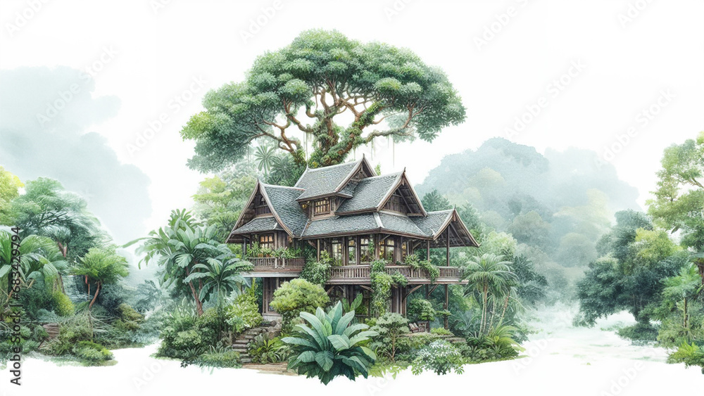 Watercolor tree house on white background