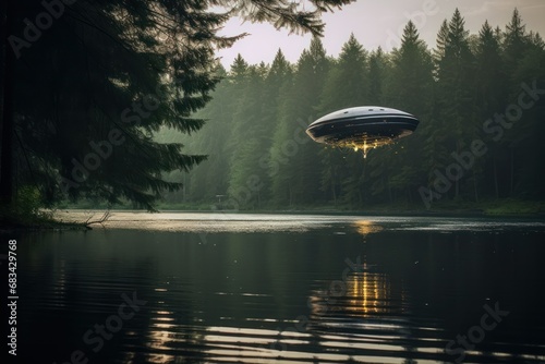 an alien ship floating on a lake in forest photograph, photography, professional quality --ar 3:2 --v 5.2 Job ID: da03a6dc-1d97-4f36-b5cb-a3a28fa9405f