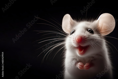 portrait of a happy mouse isolated on black background with copy space. ai generative