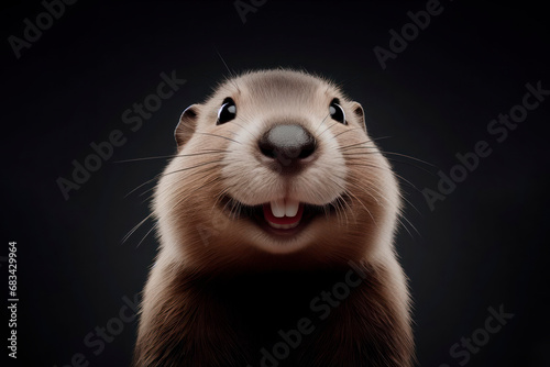 portrait of a happy smiling bever isolated on black background with copy space. ai generative photo