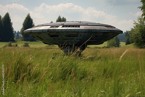 an alien ship spotted in a field of green grass photograph, photography, professional quality --ar 3:2 --v 5.2 Job ID: b9f1dd33-9399-470a-91a8-77a1cb55d69f