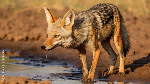 Black-backed jackal (Lupulella mesomelas) looking for food and a drink at a waterhole. generative ai