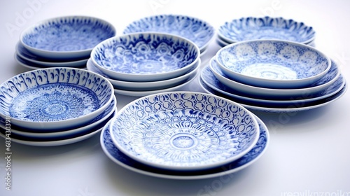 A porcelain plate set, the intricate blue patterns standing out vibrantly, showcased perfectly on a pure white backdrop.