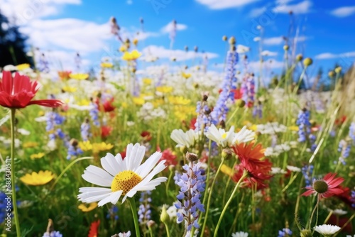 A beautiful field of wildflowers with a clear blue sky in the background. Perfect for adding a touch of nature to any project