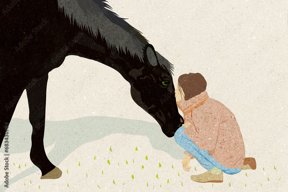 Ilustracja mała dziewczynka przytulająca dużego konia jasne tło. - obrazy, fototapety, plakaty 