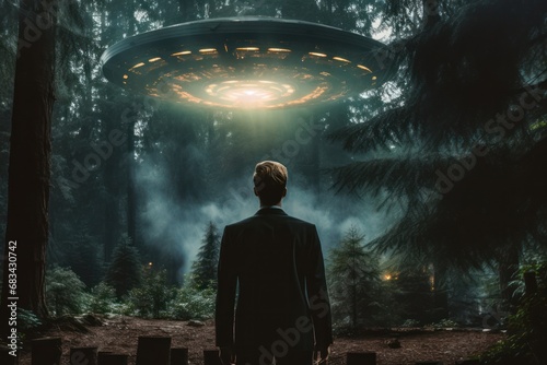from behind, a business man in front of an alien ship, forest background photograph, photography, professional quality --ar 3:2 --v 5.2 Job ID: b158b3ae-16bc-4fcc-84de-5fa3e8306ca0