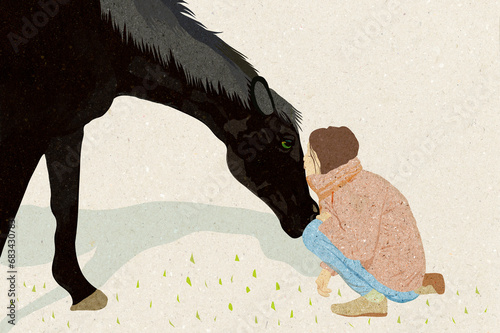 Ilustracja mała dziewczynka przytulająca dużego konia jasne tło.