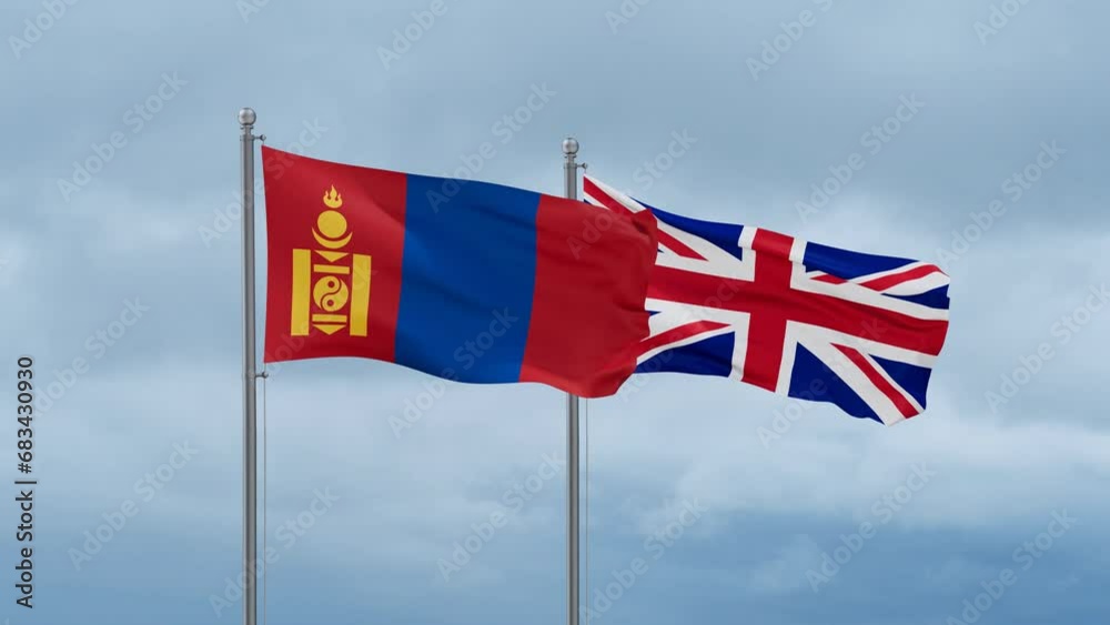United Kingdom and Mongolia flag waving together on cloudy sky, endless seamless loop, two country cooperation concept United Kingdom and Mongolia flag waving together on cloudy sky, endless seamless loop, two country cooperation concept