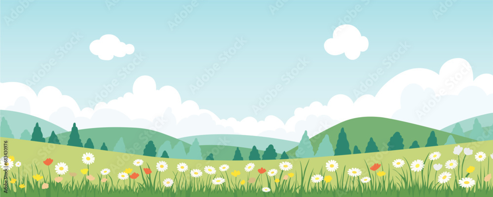 Beautiful spring landscape, blooming daisies, spring yellow, red and white flowers. Panorama of spring green fields, meadows against the backdrop of hills and amazing clouds in the blue sky.   