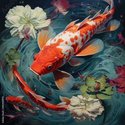 A beautiful painting of a koi fish swimming gracefully in a serene water pond. Perfect for adding a touch of tranquility and nature to any project or decor