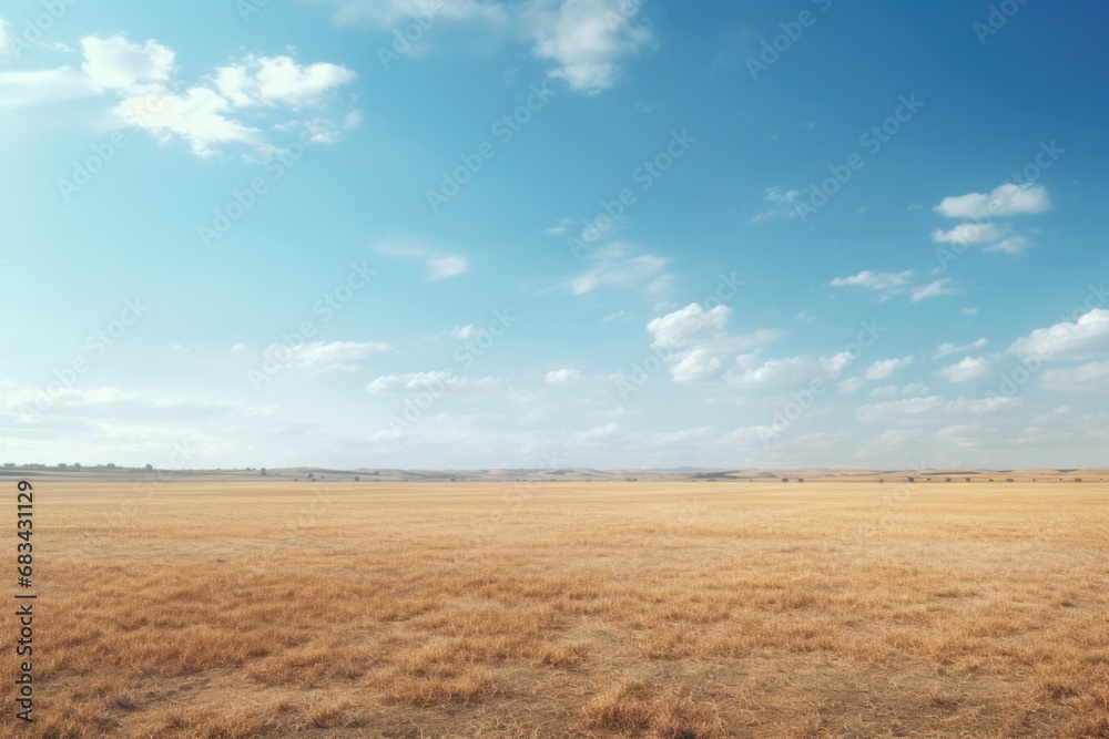 A picture of a field covered in dry grass with a clear blue sky in the background. This image can be used to depict the beauty of nature and the changing seasons - obrazy, fototapety, plakaty 