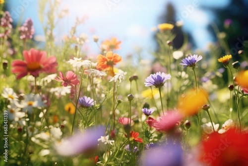 A beautiful field of colorful flowers with a vibrant blue sky in the background. Perfect for adding a touch of nature and beauty to any project or design