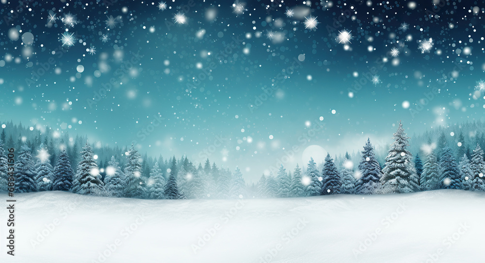 a snowy christmas background with lights and lights, in the style of light gray and teal, light-filled landscapes