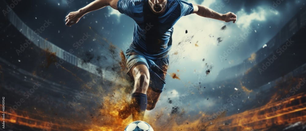 Soccer player in action on the field of stadium under sky with clouds. Football Concept With a Copy Space. Soccer Concept With a Space For a Text. - obrazy, fototapety, plakaty 