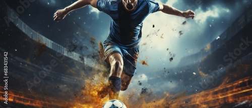 Soccer player in action on the field of stadium under sky with clouds. Football Concept With a Copy Space. Soccer Concept With a Space For a Text. photo