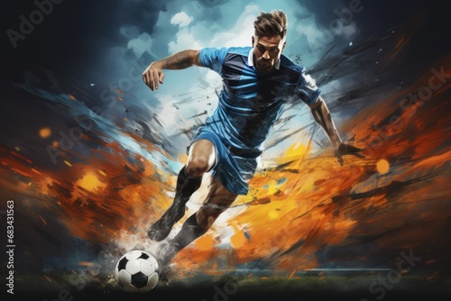 soccer player in action on the football field under dramatic sky with clouds. Football Concept With a Copy Space. Soccer Concept With a Space For a Text. photo