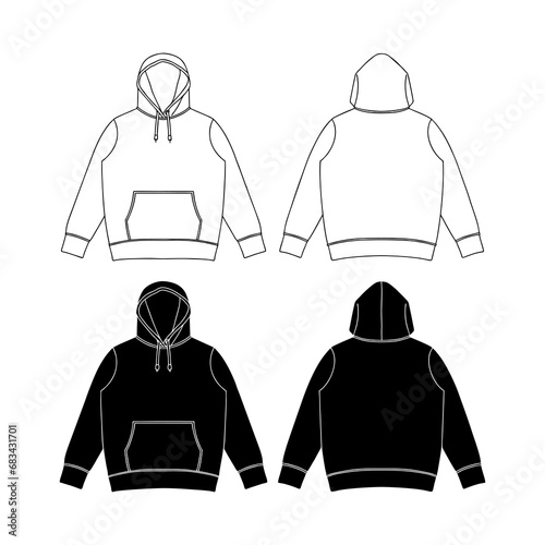Template blank flat Black hoodie. Hoodie sweatshirt with long sleeve flatlay mockup vector illustration flat design outline