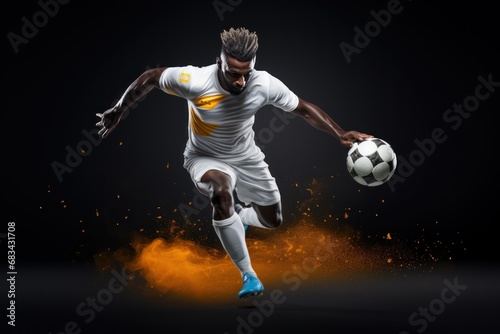 Soccer player in action on a black background. Football Concept With a Copy Space. Soccer Concept With a Space For a Text.