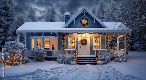 Winter snowy forest house in Christmas night. Christmas lights as decoration.