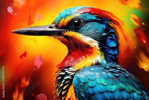 A vibrant painting featuring a colorful bird against a vibrant background. This picture can be used to add a pop of color and liveliness to any project or design © Ева Поликарпова