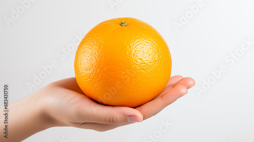 Hand holding an orange on white background, copy space
