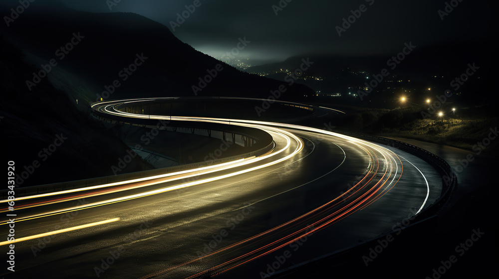 a city with light trails on a highway at nighttime, in the style of light teal and orange a city with light trails on a highway at nighttime, in the style of light teal and orange