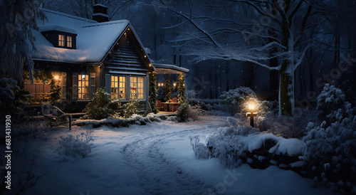 Winter snowy forest house in Christmas night. Christmas lights as decoration