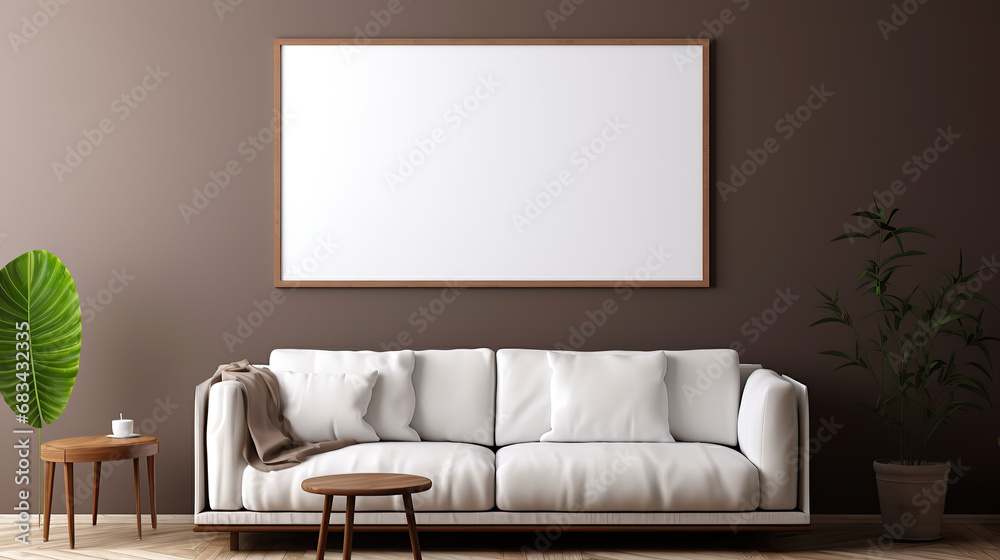 wooden frame mockup in minimalist interior, poster mockup. ai generated image wooden frame mockup in minimalist interior, poster mockup. ai generated image
