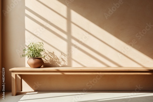 Empty room with wooden floor and diagonal shadows on beige wall. vase and flower