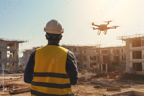 a labor worker engineer flying a modern drone on construction site building © DailyLifeImages