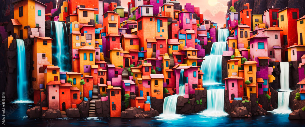 3D Animation Style waterfall whimsical cities in vibrant color