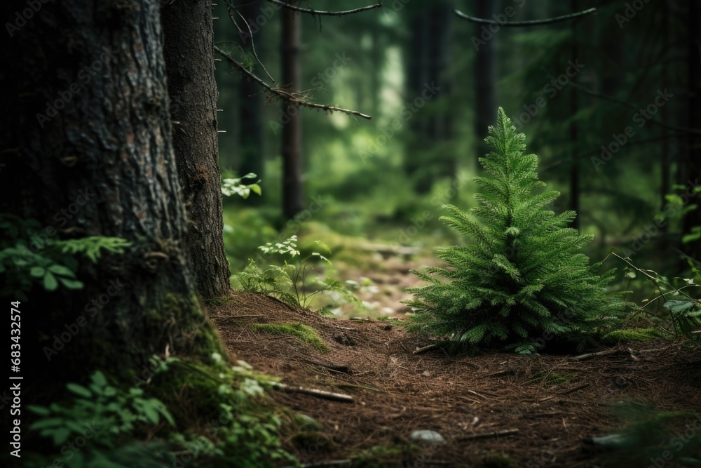 A small pine tree standing alone in the midst of a dense forest. Perfect for nature-themed designs and illustrations A small pine tree standing alone in the midst of a dense forest. Perfect for nature-themed designs and illustrations
