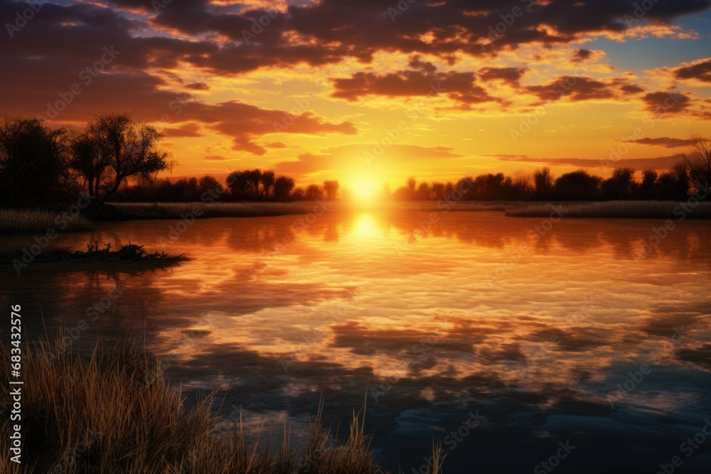 A beautiful sunset scene with the sun setting over a calm body of water. Perfect for adding a serene and peaceful touch to any project or design A beautiful sunset scene with the sun setting over a calm body of water. Perfect for adding a serene and peaceful touch to any project or design