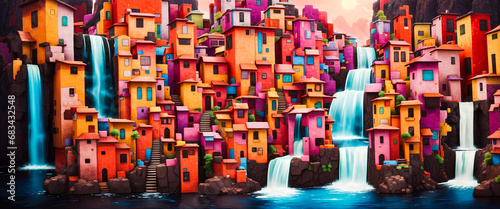 3D Animation Style waterfall whimsical cities in vibrant color © Vincent Goh