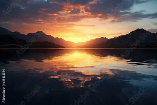 A beautiful sunset scene over a serene lake with majestic mountains in the background. Perfect for nature and landscape enthusiasts. Can be used as a background or for various outdoor-related projects