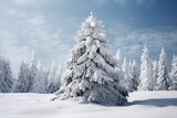 A beautiful snow covered pine tree standing tall in a snowy field. Perfect for winter landscapes or holiday themed designs