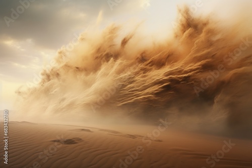 A powerful sandstorm creates a large cloud of sand blowing in the air. This image can be used to depict extreme weather conditions or the harsh environment of a desert