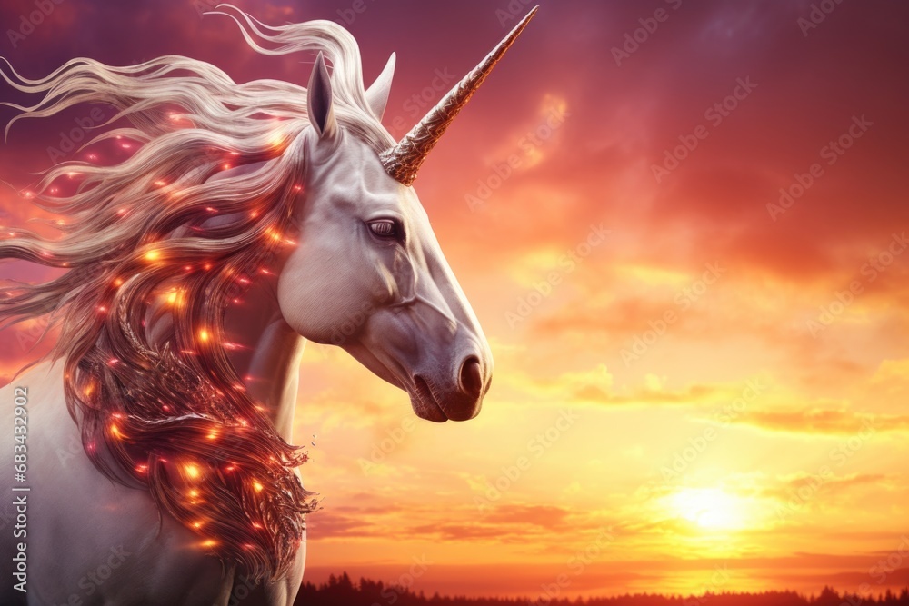 A majestic white unicorn with a long mane standing gracefully in front of a vibrant sunset. Perfect for fantasy-themed projects or adding a touch of magic to any design A majestic white unicorn with a long mane standing gracefully in front of a vibrant sunset. Perfect for fantasy-themed projects or adding a touch of magic to any design