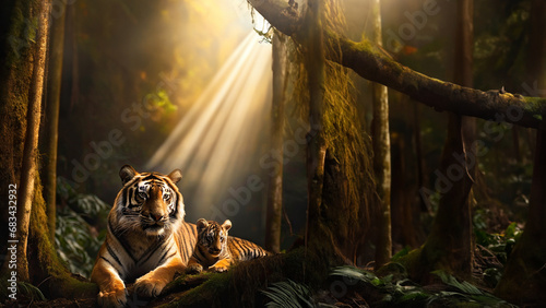 Sumatran Tiger and Cub in the Jungle photo