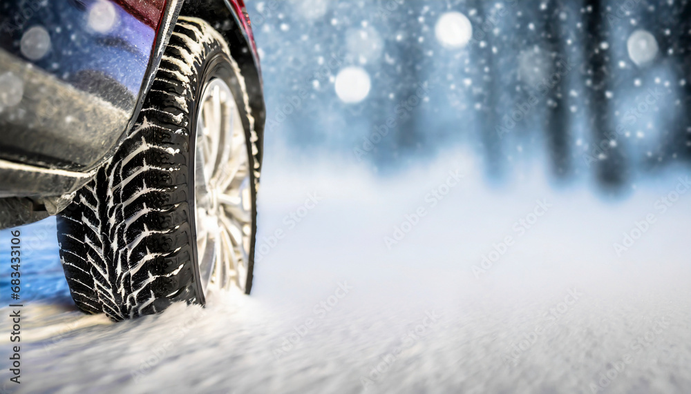 car tire on deep snow, winter driving conditions