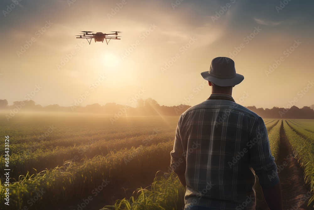 a man in the green farm fields flying a modern tech drone monitoring agriculture, innovative concept