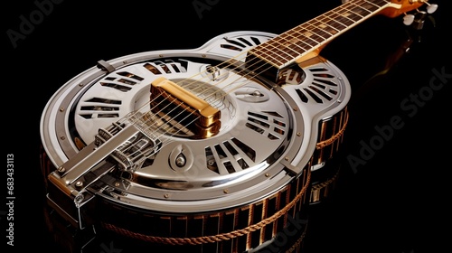 A resonator guitar, its unique metal body and strings glistening on a white background, waiting to resonate with bluesy tunes. photo