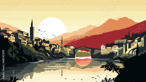 copy space, simple vector illustration, famous bridge in Mostar in the Federation of Bosnia and Herzegovina. View on Stari Most, the old bridge on the Neretva river in the city centre. Famous touristi