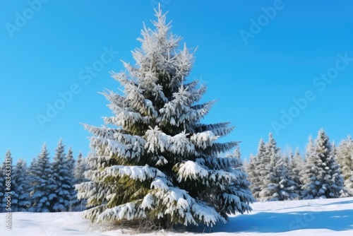 A snow covered pine tree standing in the middle of a snowy field. Suitable for winter landscapes and nature themes