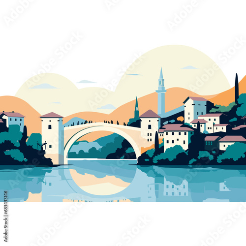 copy space, simple vector illustration, famous bridge in Mostar in the Federation of Bosnia and Herzegovina. View on Stari Most, the old bridge on the Neretva river in the city centre. Famous touristi