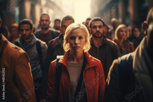 A woman stands amidst a crowd of people. This image can be used to depict concepts such as individuality, diversity, or being lost in a crowd